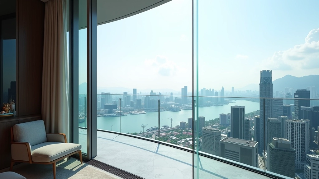 Floor-to-ceiling windows in luxury apartment overlooking cityscape and water