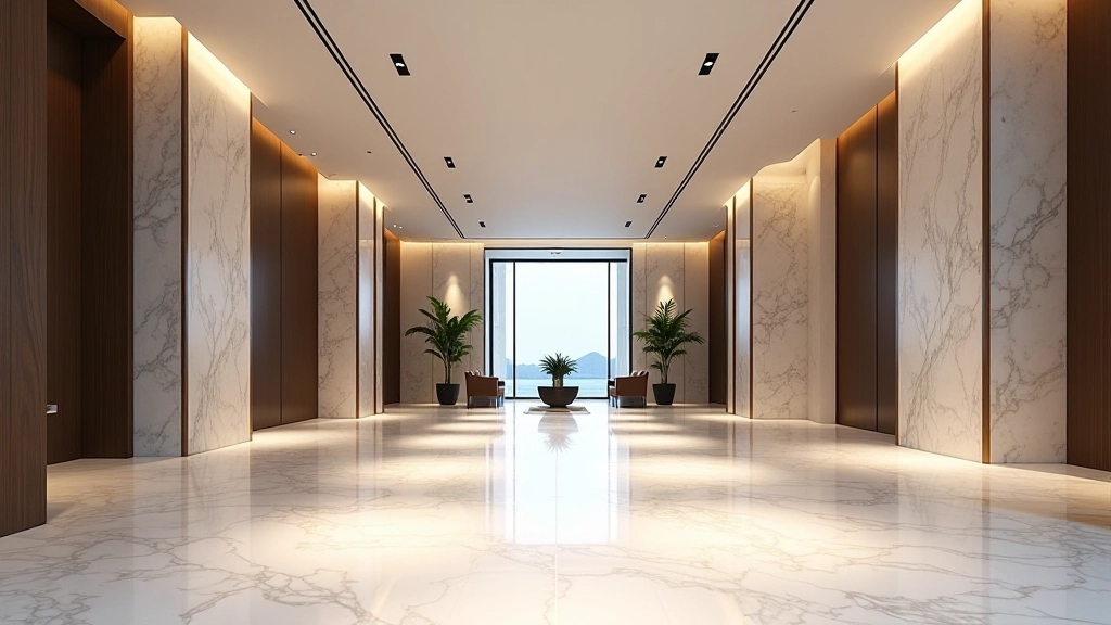 Luxury building lobby with modern design, marble finishes, and welcoming ambiance