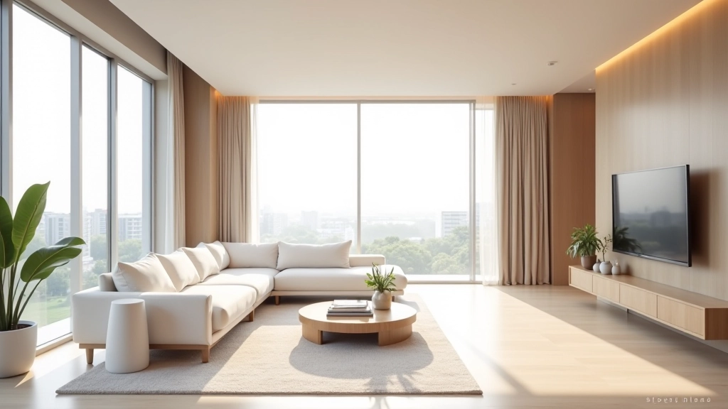 Modern open-concept apartment interior with neutral tones and natural light