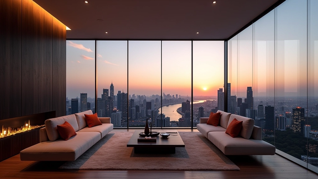 Modern penthouse with floor-to-ceiling windows overlooking Marina Bay skyline at sunset