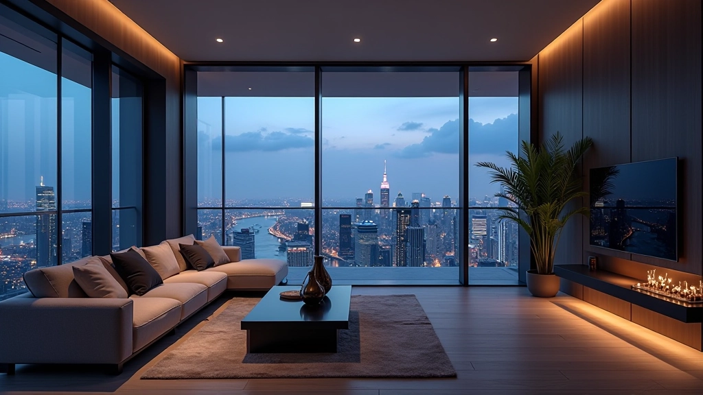 Modern luxury penthouse with floor-to-ceiling windows and city views