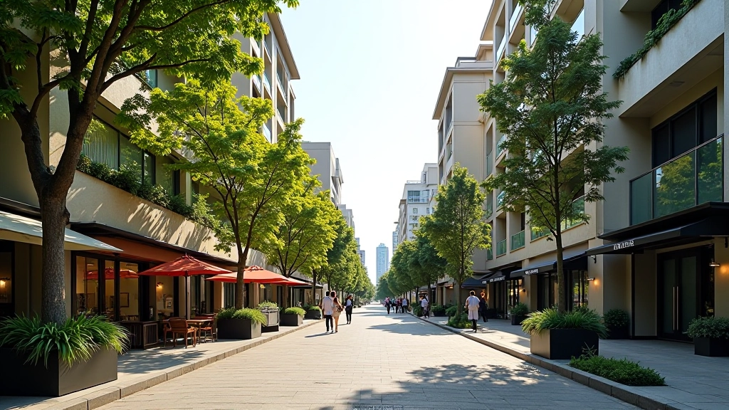 River Valley neighborhood street with modern residential buildings, tree-lined sidewalks, and urban amenities