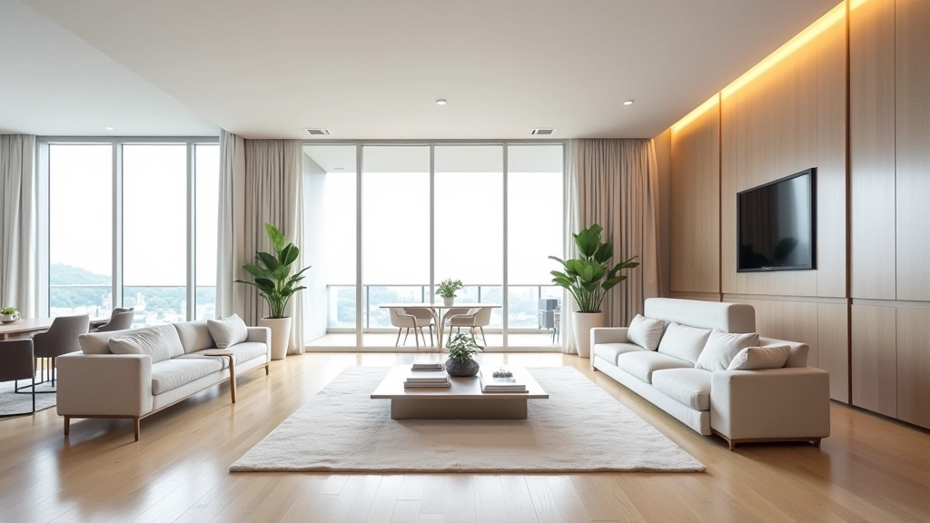 Minimalist duplex interior with neutral tones, natural lighting, and open floor plan layout